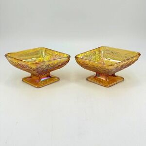 Vintage Set of 2 Indiana Marigold Carnival Glass‎ Diamond Shaped Floral Compote